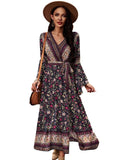 Boho Floral Maxi Dress with vibrant floral patterns and tie-waist belt.