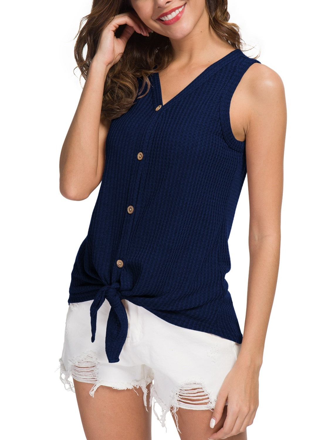 Stylish navy sleeveless top with button-down and tie front