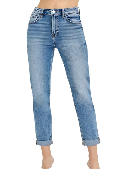 RISEN High Rise Cropped Roll Up Jeans