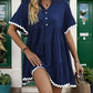 Navy blue casual dress with playful white ruffle edges