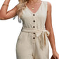 Chic sleeveless romper with a belted waist & button front. Perfect for any occasion, offering style and comfort
