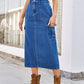 Comfortable denim midi skirt with elastic waistband.