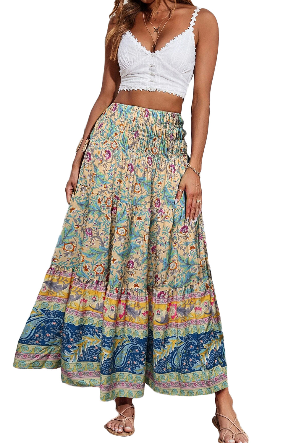 Colorful boho maxi skirt with an elastic waist and vibrant floral designs