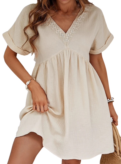 V-Neck Short Sleeve Dress in cream and black. Perfect blend of elegance, comfort, and versatility for any occasion.
