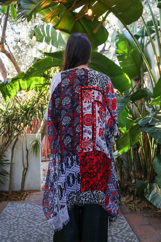 Sheer Fabric Kimono with Colorful Patchwork Design