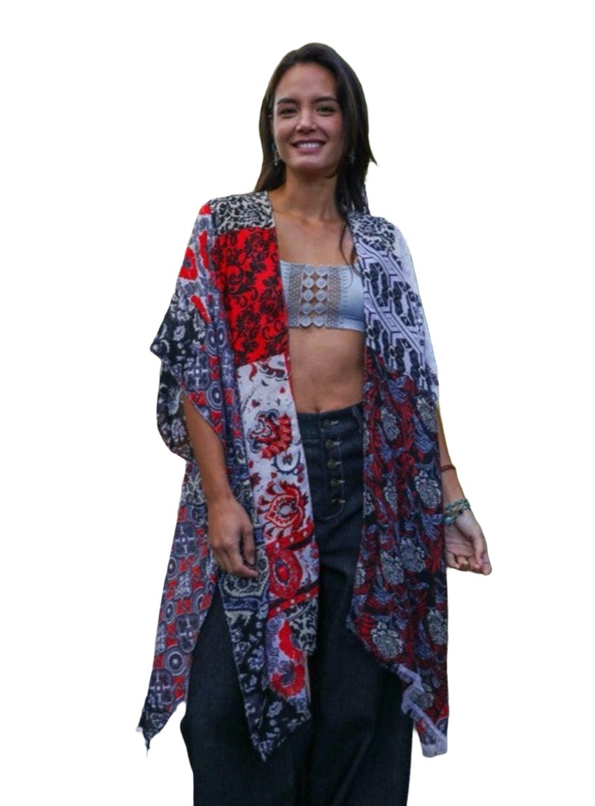 Boho Chic Kimono Featuring Multicolored Patchwork Fabric