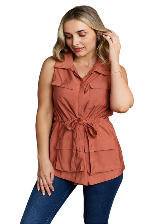 Sleeveless Collared Button Down Top