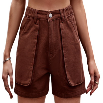 Shop Buttoned Cargo Denim Shorts in earthy umber, chic green, or neutral sand. Perfect blend of style, comfort, and practicality for every day.
