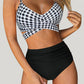 Black and White Checkered Two Piece Swim Set with Spaghetti Straps and High Waisted Bottoms