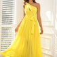 Yellow bridesmaid dresses featuring a one-shoulder design, waist tie, and elegant, flowing fabric.