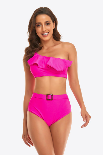 Tropical Ruffled One-Shoulder Bikini Set with a chic buckle. Flattering, high-waisted, available in 4 colors. Perfect for a stylish summer.