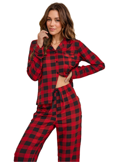 Red-and-black buffalo plaid button-up pajama set with long sleeves and drawstring pants.
