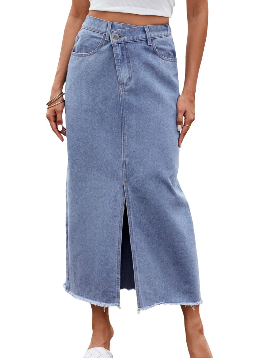 High waist denim midi skirt with a front slit.