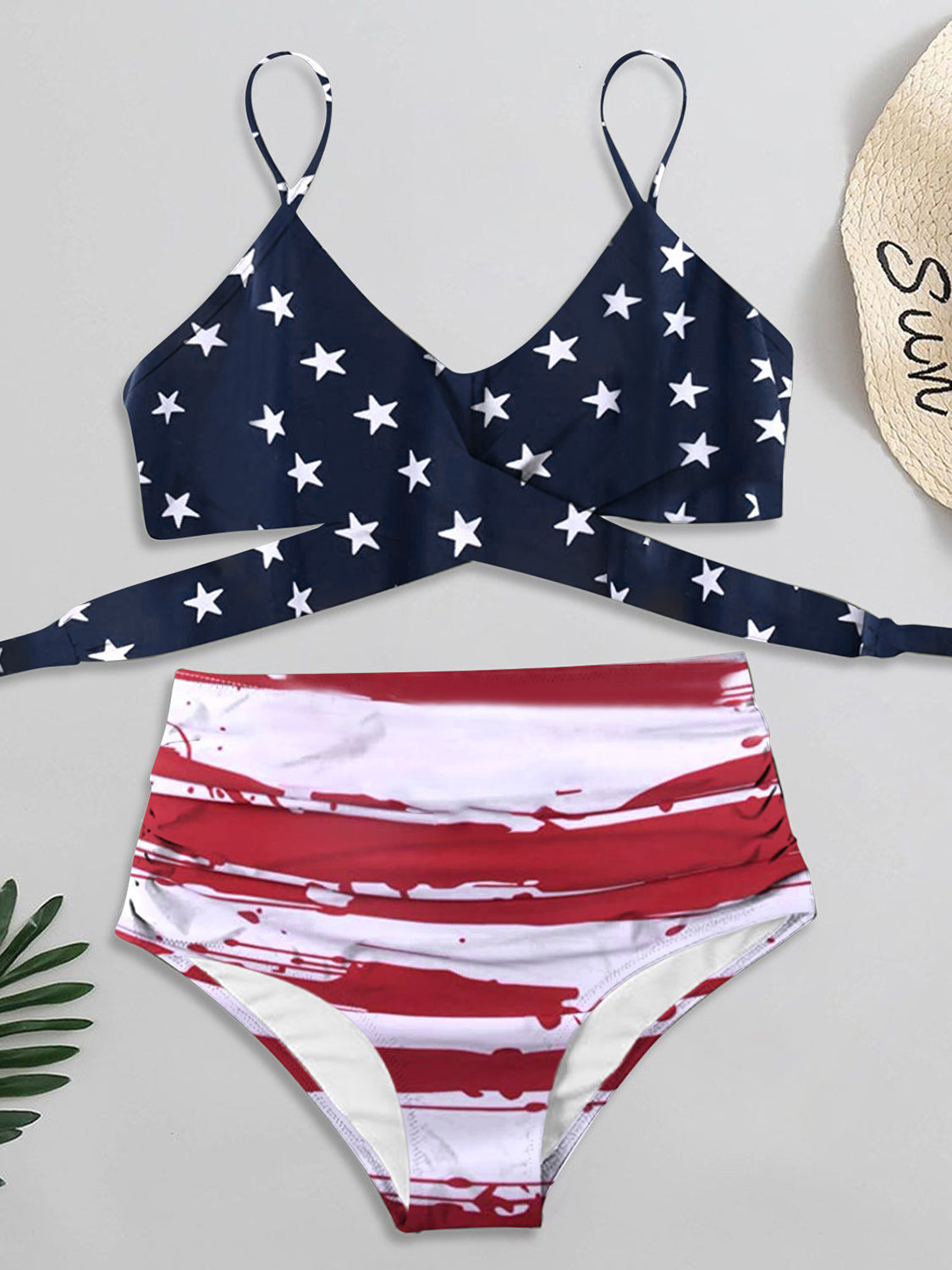 Flag Printed High Waisted Wrap Strap Bikini