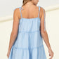 Blue dress with ruffled tiers and spaghetti straps, back view