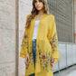 Mustard yellow kimono for women featuring intricate floral embroidery