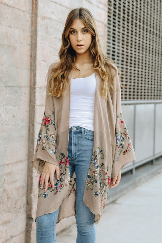 women's kimono with detailed floral embroidery, ideal for boho-chic style