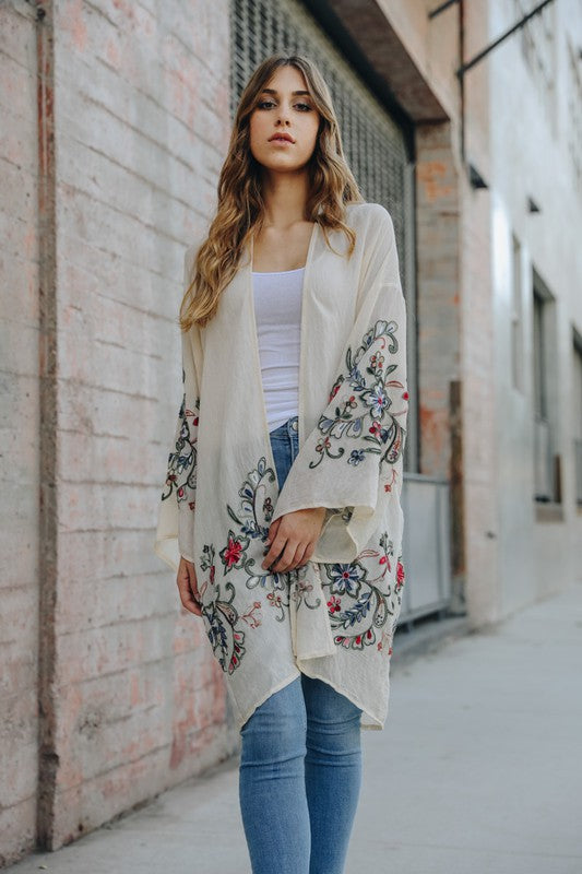 Beige embroidered floral kimono for women with colorful stitching