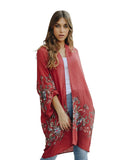 women's kimono with colorful floral embroidery on sleeves and hem