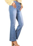 Classic mid-rise flare jeans in light blue denim.