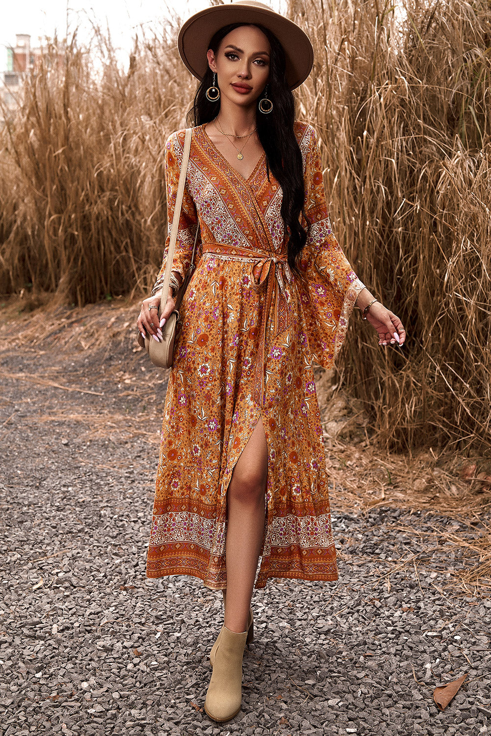 Flowing Boho Maxi Dress featuring a mix of colorful floral designs.