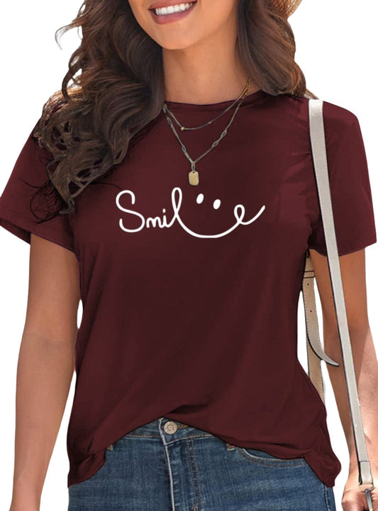 Wine-colored "Smile" graphic tee with a cheerful white print