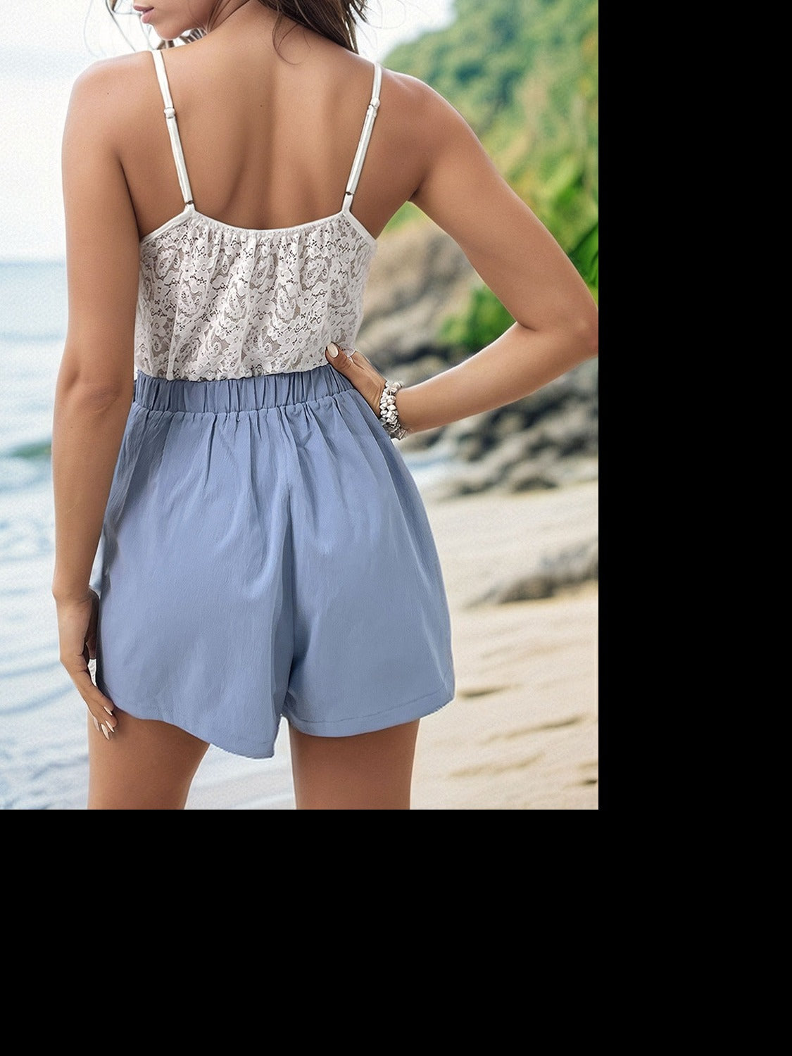 Chic Lace V-Neck Romper with adjustable straps, flattering silhouette & convenient pockets for a stylish, versatile summer look
