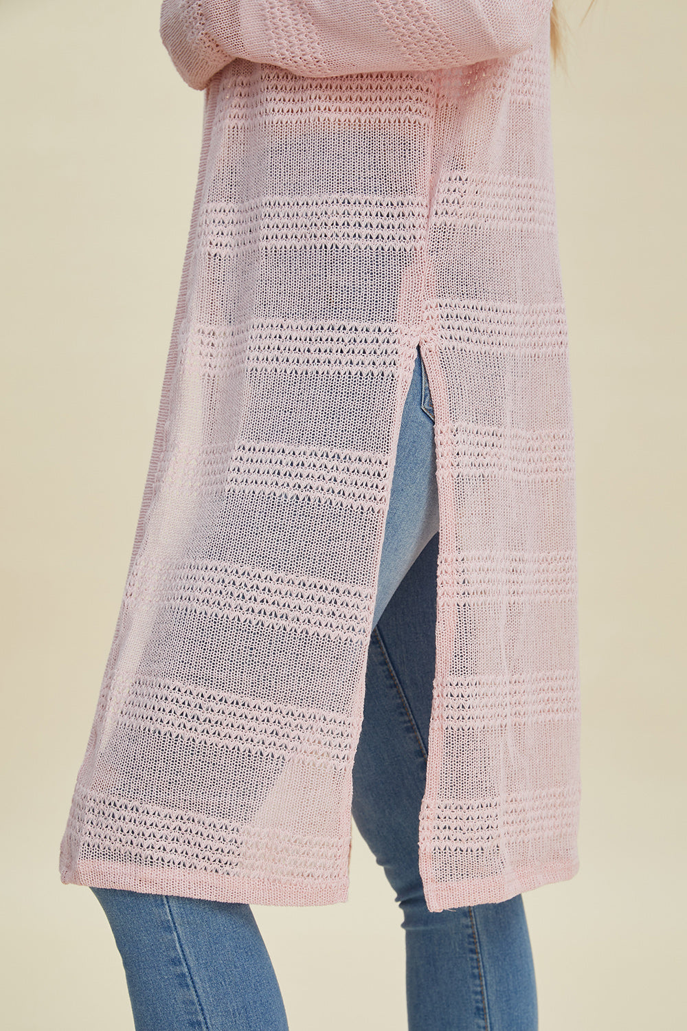 Delicate Pink Knit Longline Cardigan with Open Front