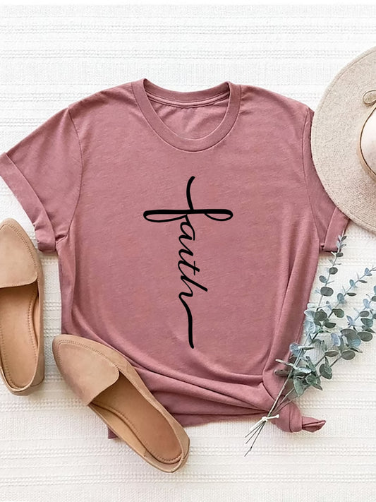 "Faith" graphic tee in mauve with black script text.