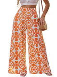 high-waisted, wide-leg pants with a vibrant orange floral pattern
