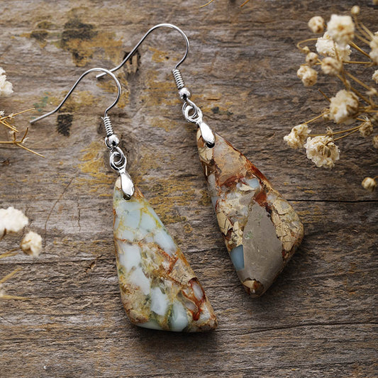 Vibrant teardrop earrings featuring natural stone patterns and gold hooks
