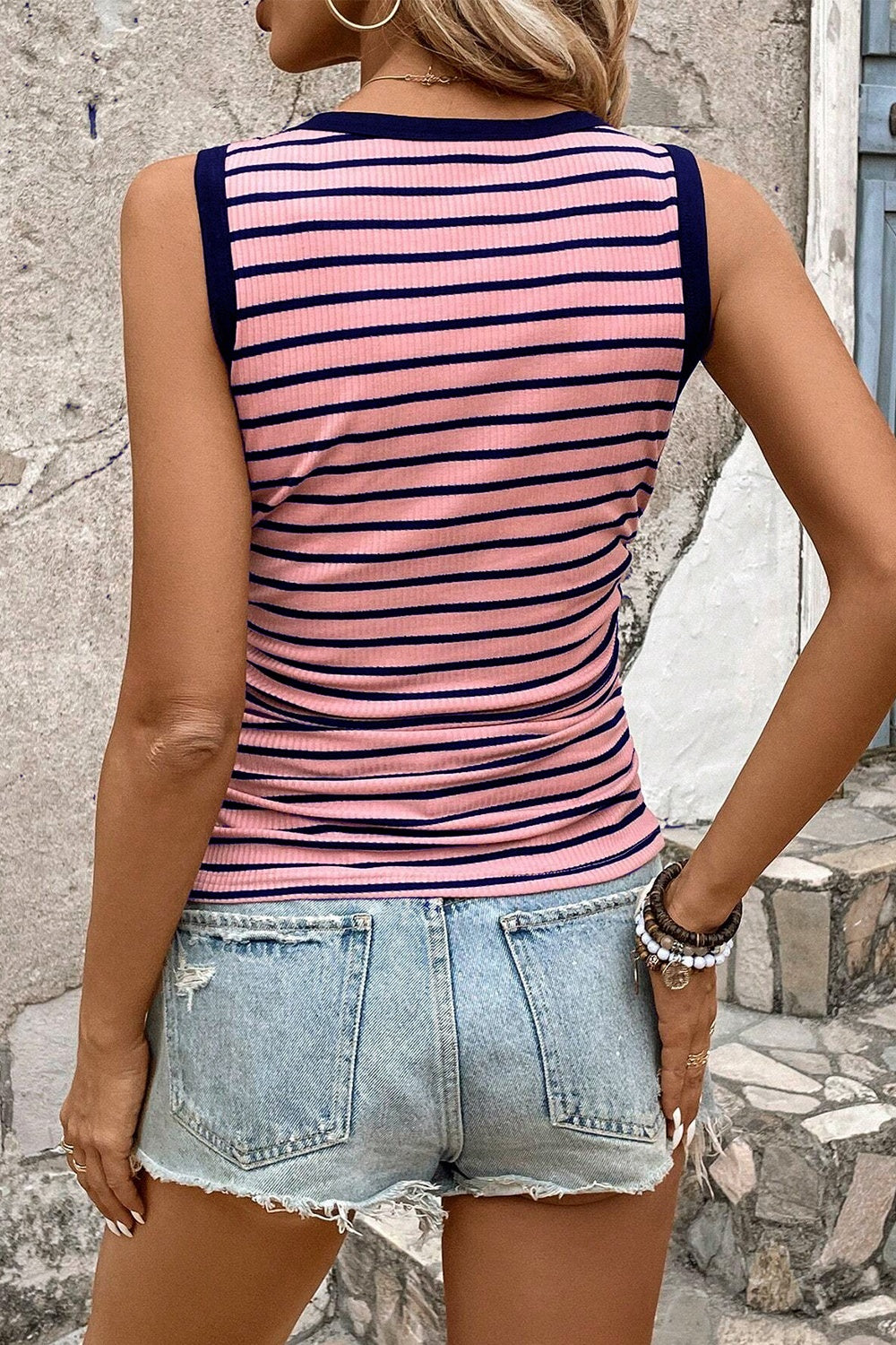 Ribbed pink and navy striped sleeveless tank top