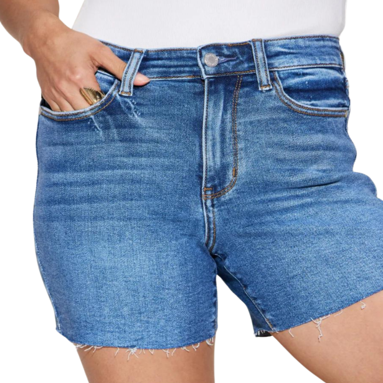 Slip into Judy Blue's High Waist Slim Denim Shorts for a sleek, flattering silhouette, designed to enhance and comfort full-size figures stylishly.