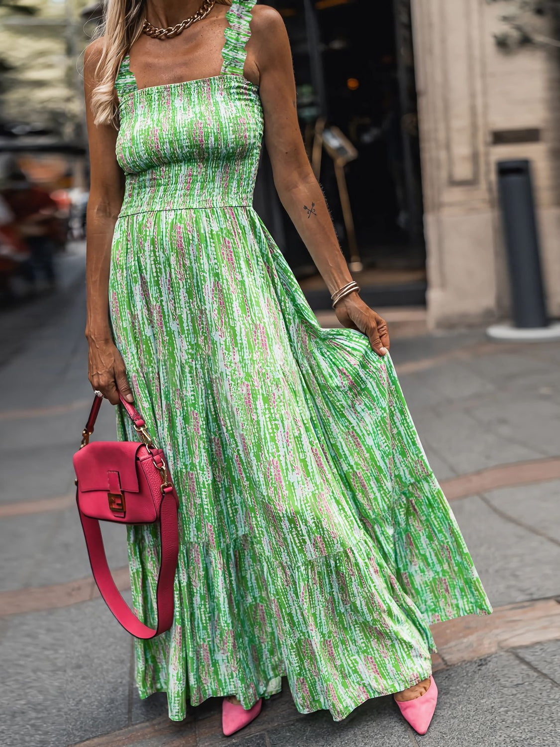 Elegant sage maxi dress featuring lightweight fabric and whimsical boho design