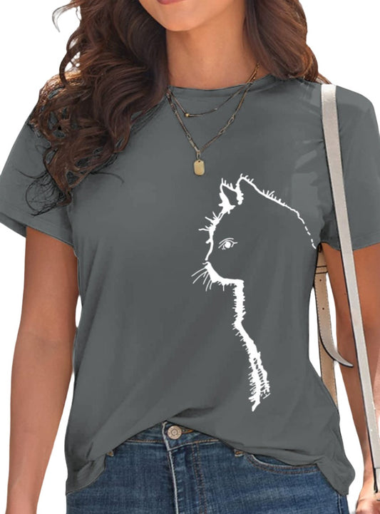 Gray cat silhouette graphic tee with short sleeves