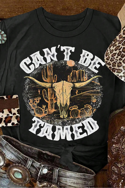 Bold Bull Skull Graphic Tee in Black with Can't Be Tamed Text