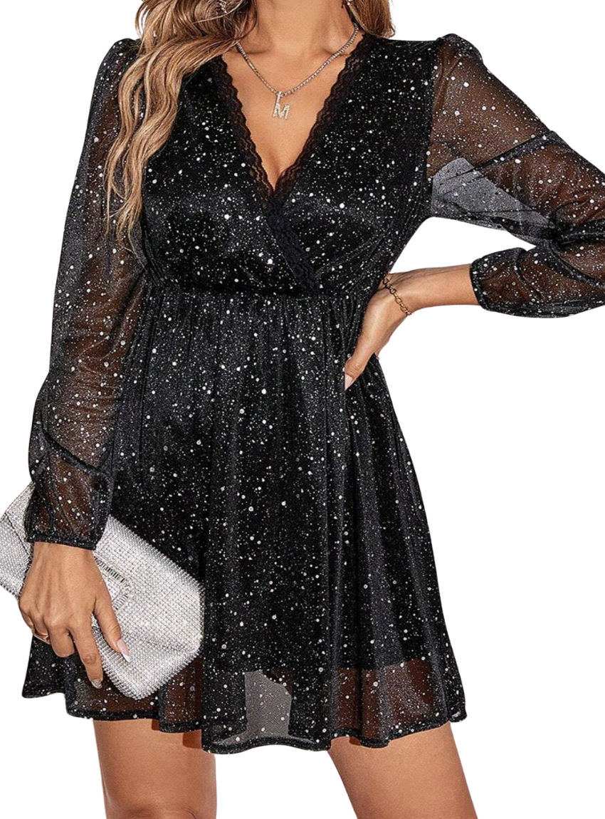 Shine in our Glitter Surplice Dress, perfect for any soirée. Chic, sparkling, with a sultry neckline for an unforgettable look