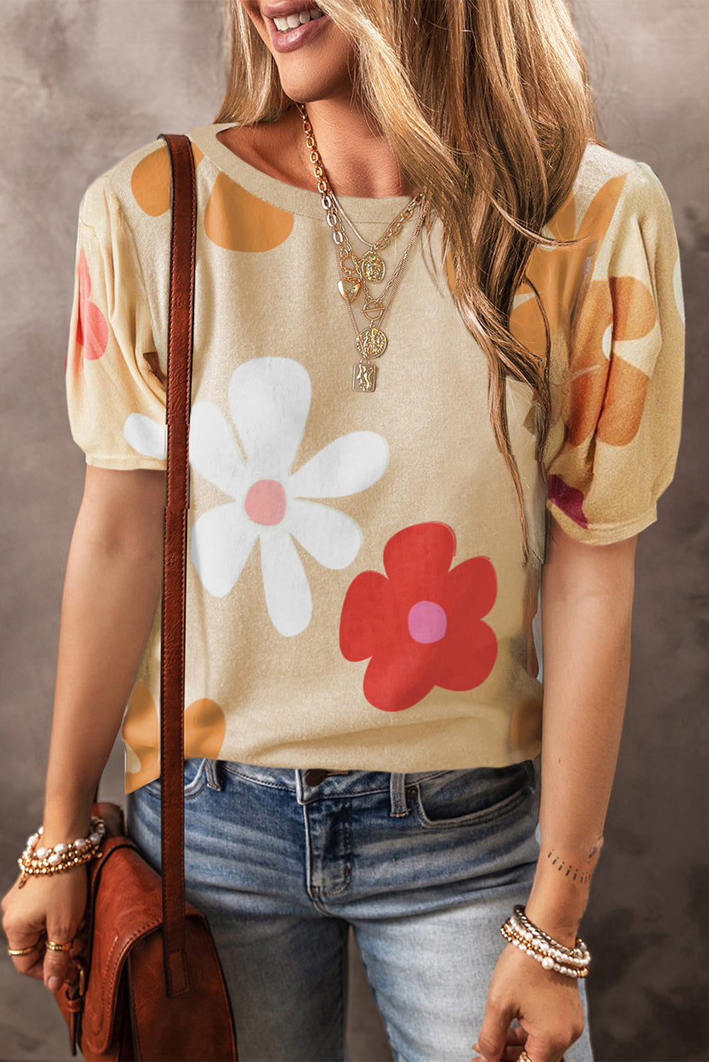 Vibrant short sleeve blouse with colorful floral print, perfect for adding a cheerful touch to any casual or semi-casual outfit.