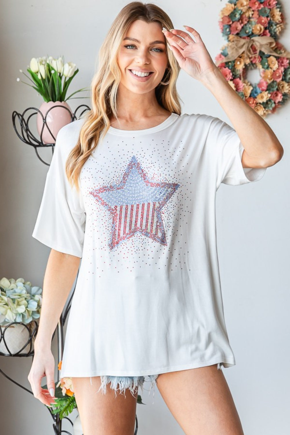 Shine bright in the Heimish Star Patch Tee! A comfy, dazzling top perfect for adding sparkle to your casual style. Easy care, standout fashion.