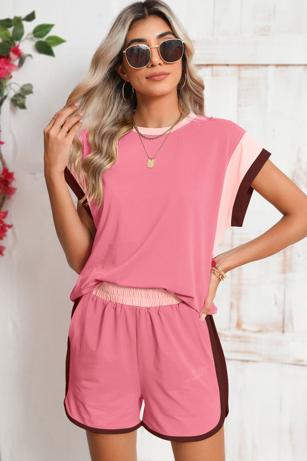 Pink and brown sporty short-sleeve top and shorts