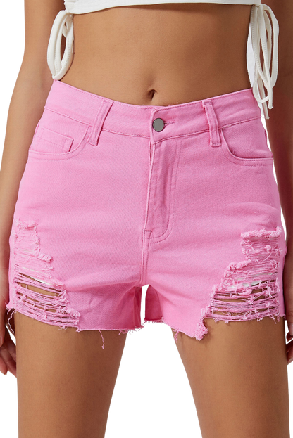 Stay bold in our Pink Distressed Denim Shorts – perfect for adding a pop of color and edgy style to your summer wardrobe!