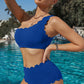 Stylish one-shoulder swim set with chic scalloped trim, available in multiple colors for a perfect summer look