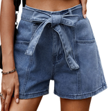 Chic high-waisted denim shorts with a trendy tie belt and convenient pockets, perfect for versatile summer styling