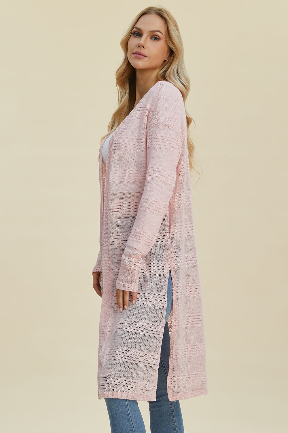 Comfortable Pink Longline Cardigan with Knit Details