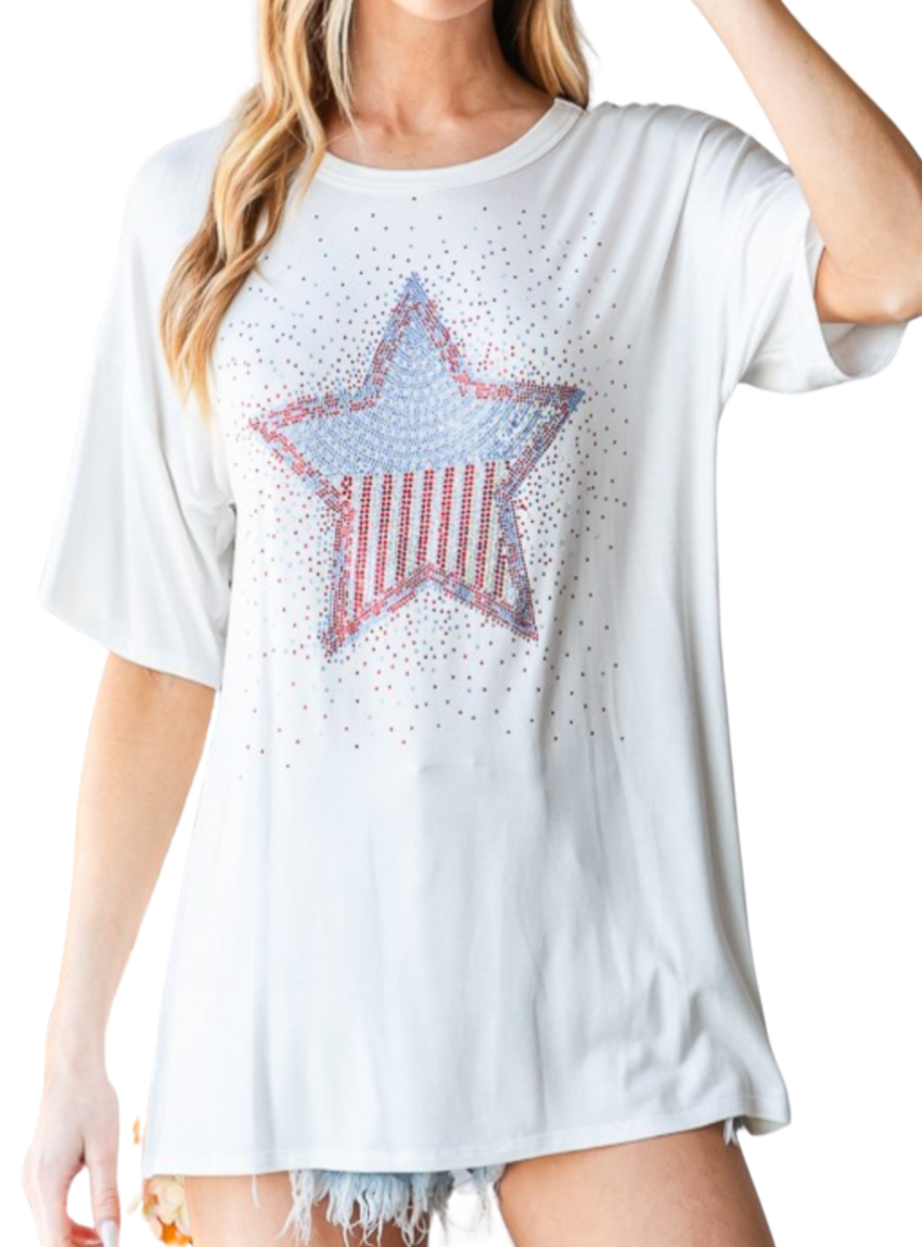 Shine bright in the Heimish Star Patch Tee! A comfy, dazzling top perfect for adding sparkle to your casual style. Easy care, standout fashion.