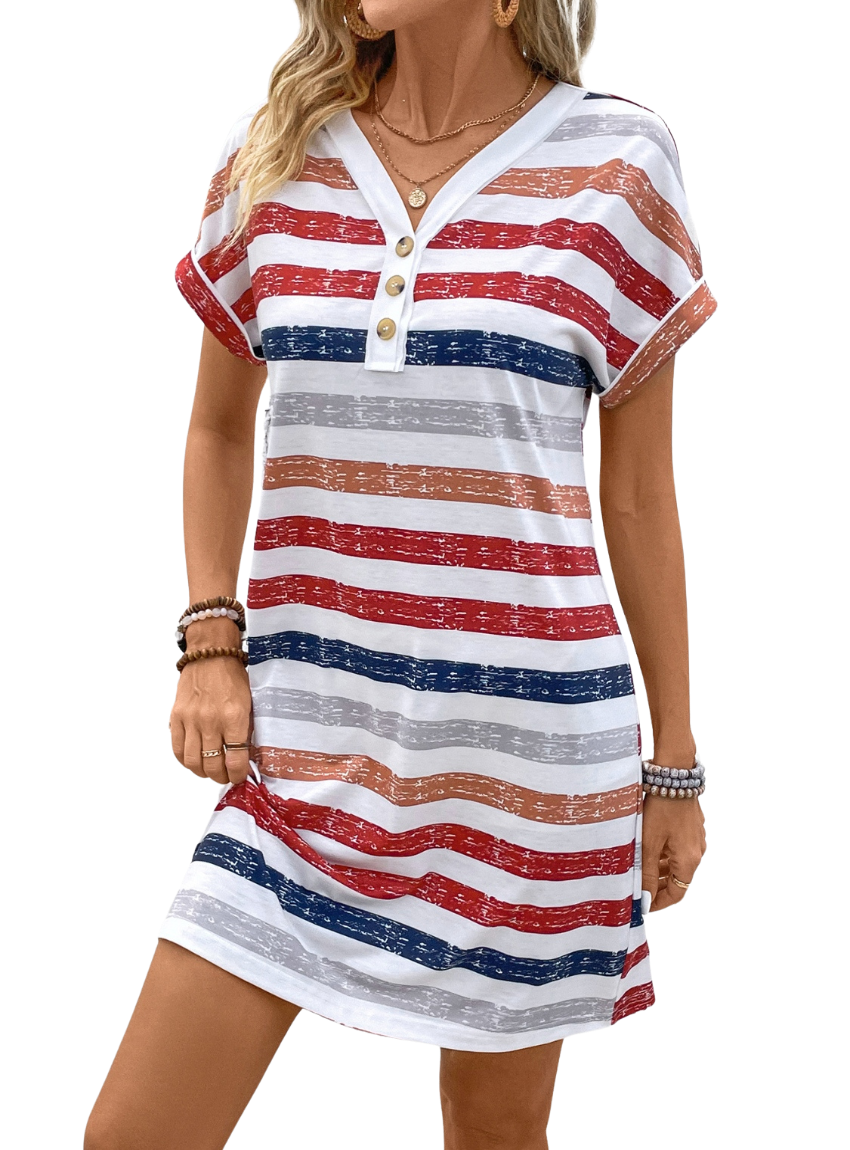 Shop the Striped V-Neck Dress for a comfy, patriotic look. Perfect for summer events or casual days out. Show your style and American pride!