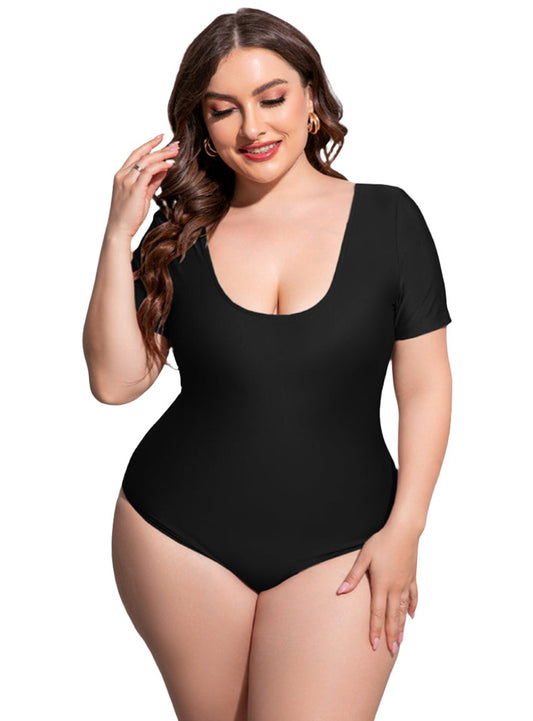 Elegant plus size one-piece swimsuit with a flattering fit, durable material, and chic scoop neck for stylish comfort at the pool or beach.