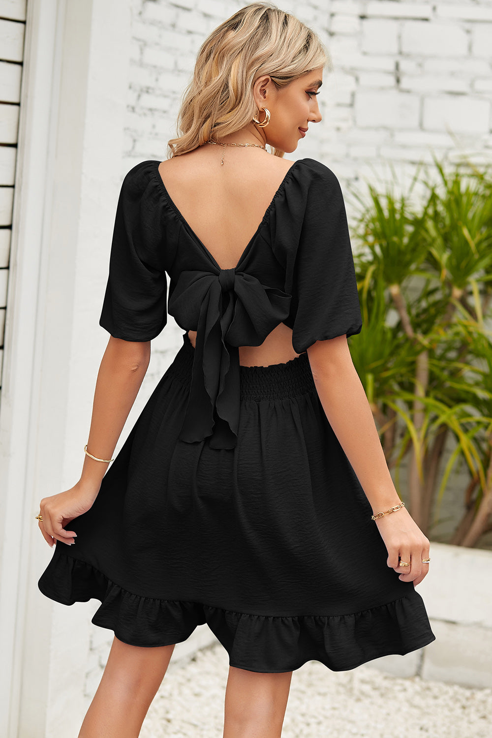 Chic Ruched Ruffle Hem Dress in black, pink, or blue - perfect for any occasion. Flattering, versatile, and comfortable style for all.