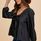 Tie Front Peplum Long Sleeve Denim Top