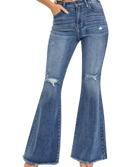 RISEN Distressed High Rise Flare Jeans